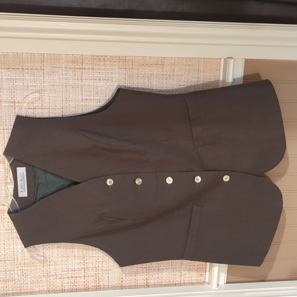 Karen Scott Loden Green Linen Blend Fully Lined Button Down Vest Women's Size M